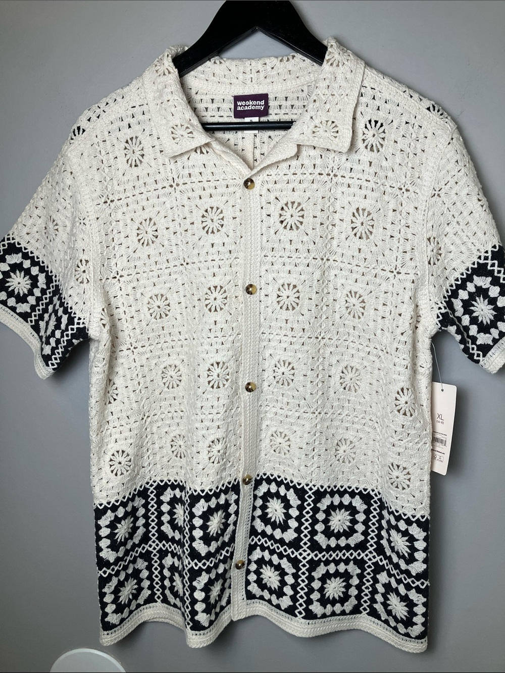 Weekend Academy Cream & Black Crochet Short-Sleeve Shirt Boys Sz XL (14-16) NWT